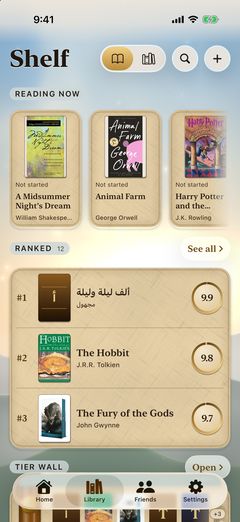 Majin library shelf in light mode: books you are reading now and your ranked list