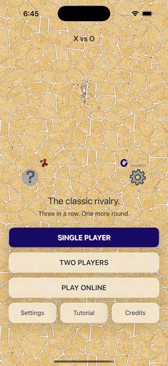X vs O main menu with single player, two players and online play